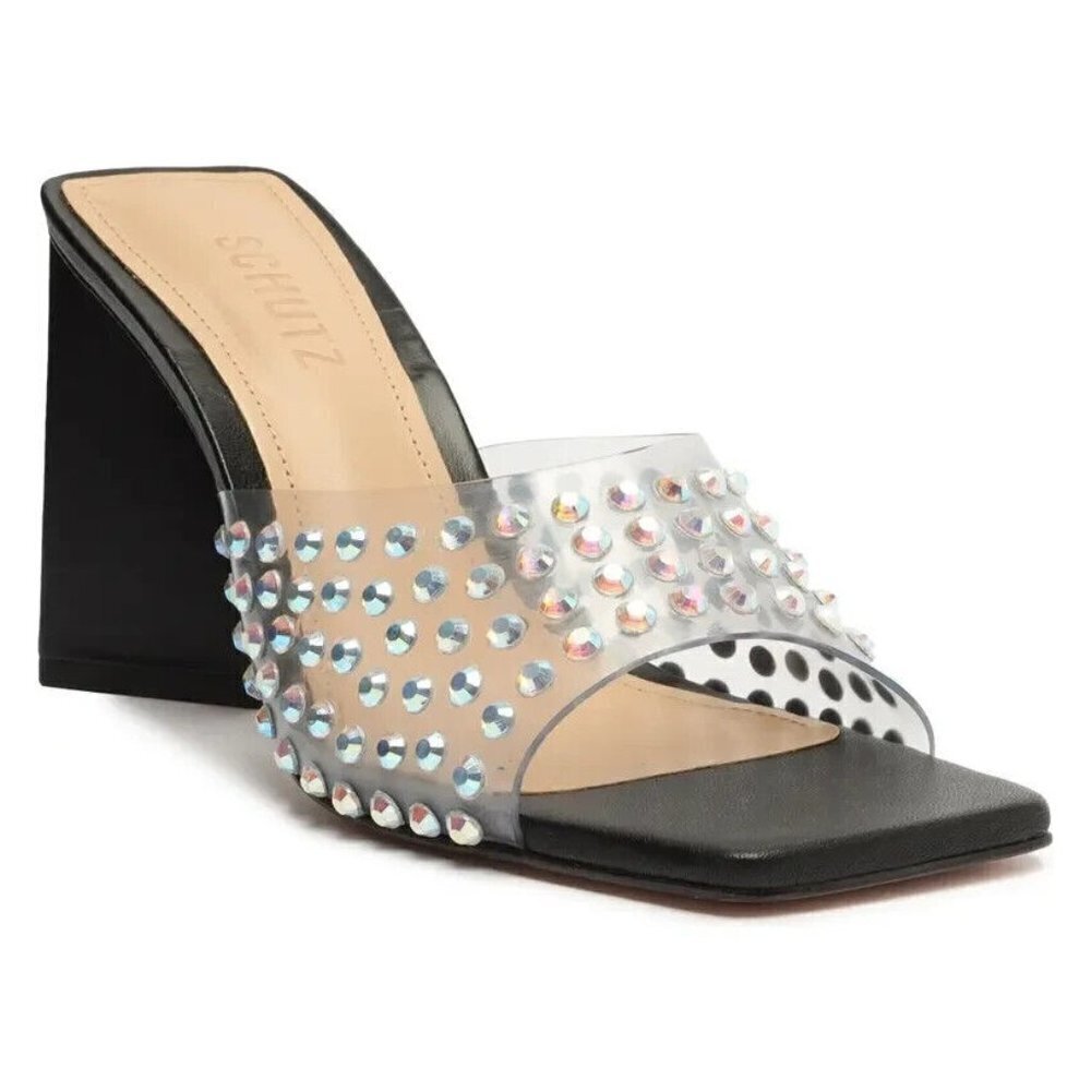 SCHUTZ "Lizah" Crystal Embellished Black Mules Sandals Sz 7B